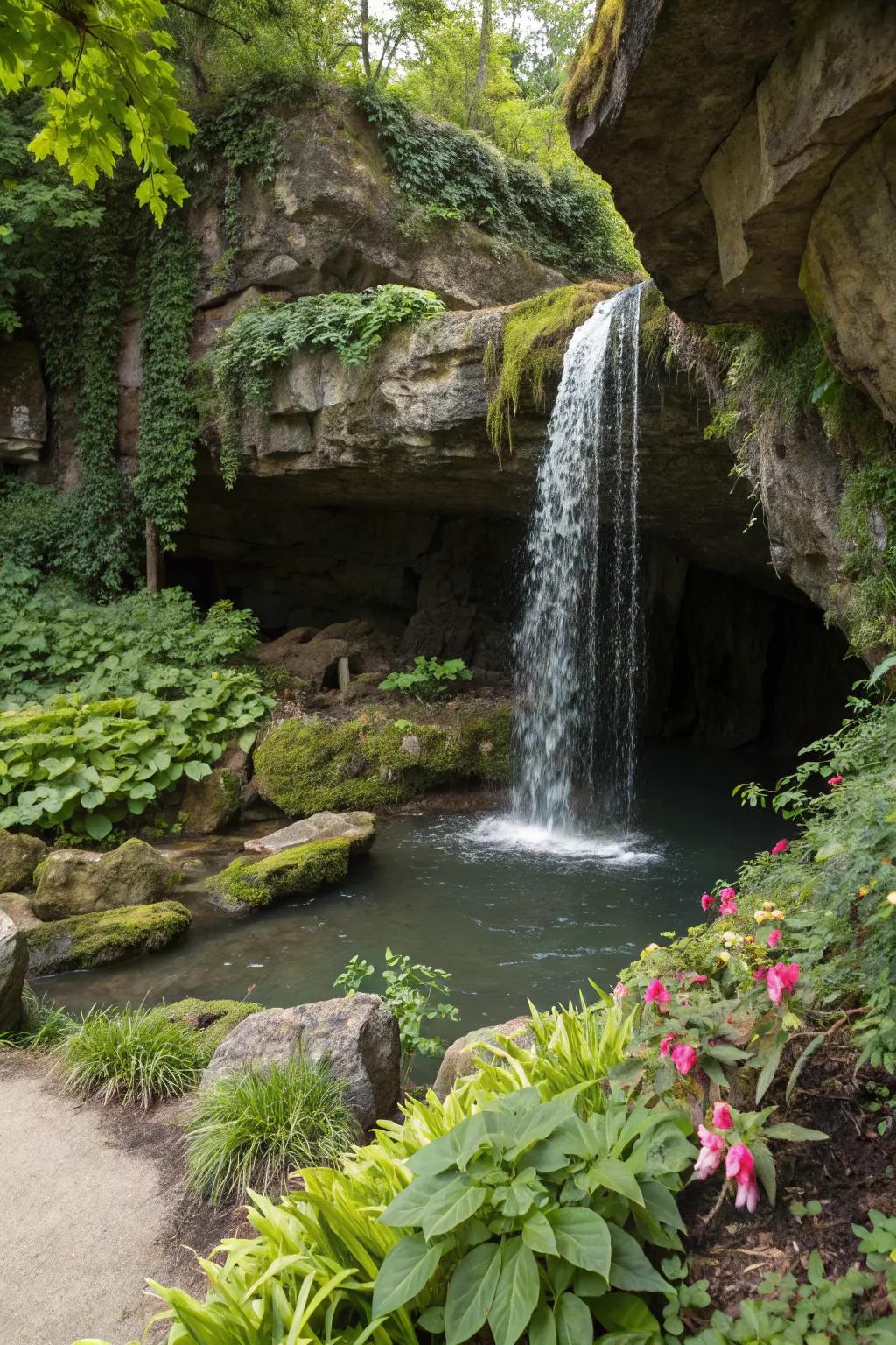 A concealed grotto waterfall features a mysterious retreat within the garden.