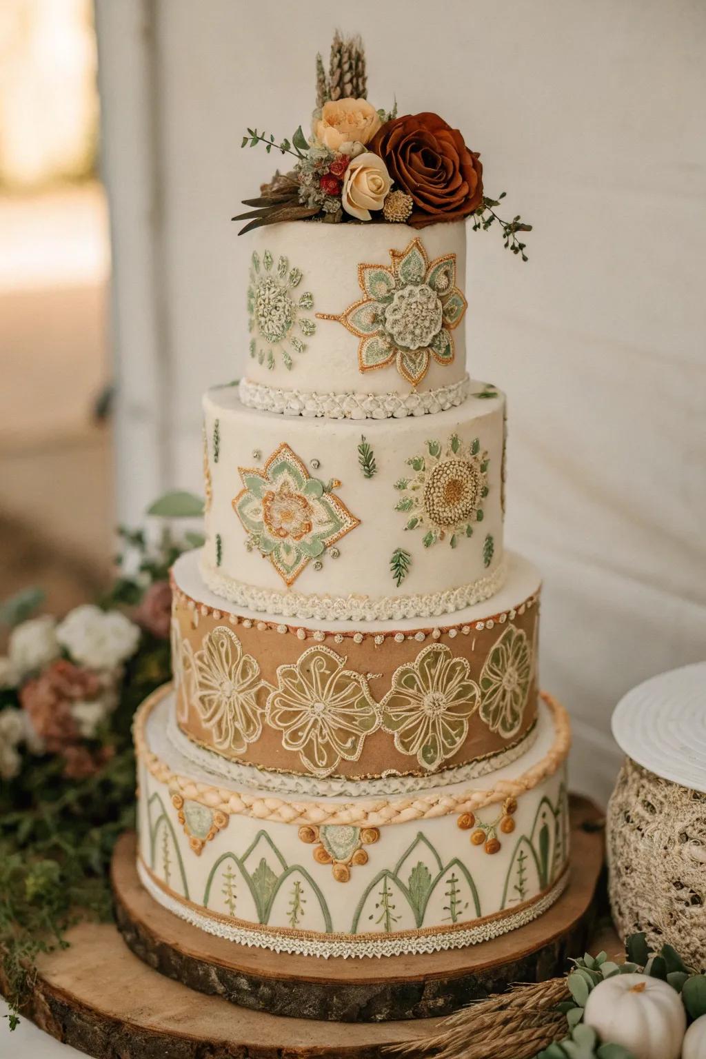 A bohemian-themed cake that elegantly ties the celebration together.