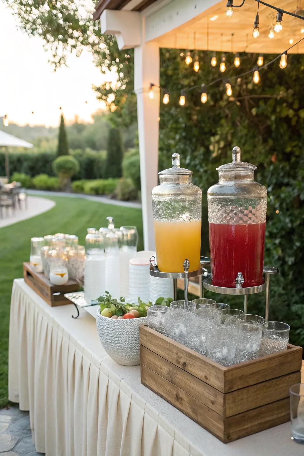 An inventive wedding refreshment station presenting crystal dispensers filled with a variety of invigorating drinks.