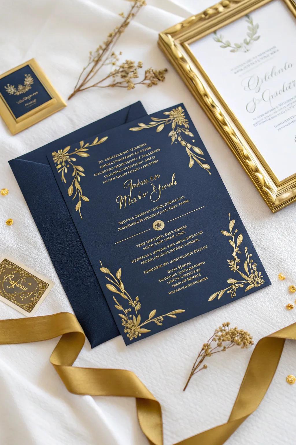 Luxurious wedding invitation with gleaming gold finish accents.