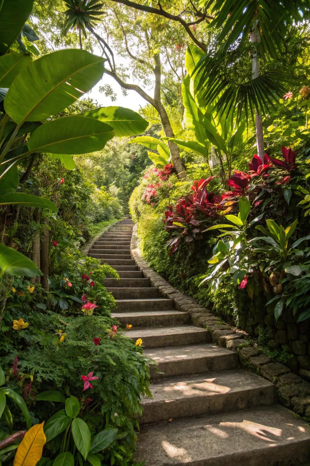 Exotic plant life crafts a vibrant, lush ambiance on this stairway.