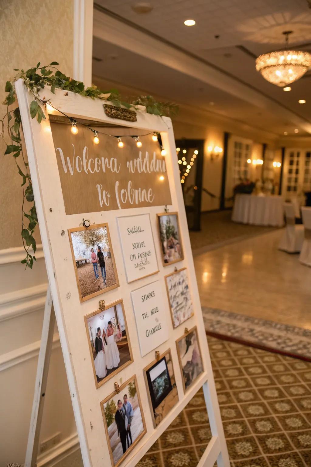An interactive welcome sign with Polaroid photos and guest messages, ideal for creating a personal touch.