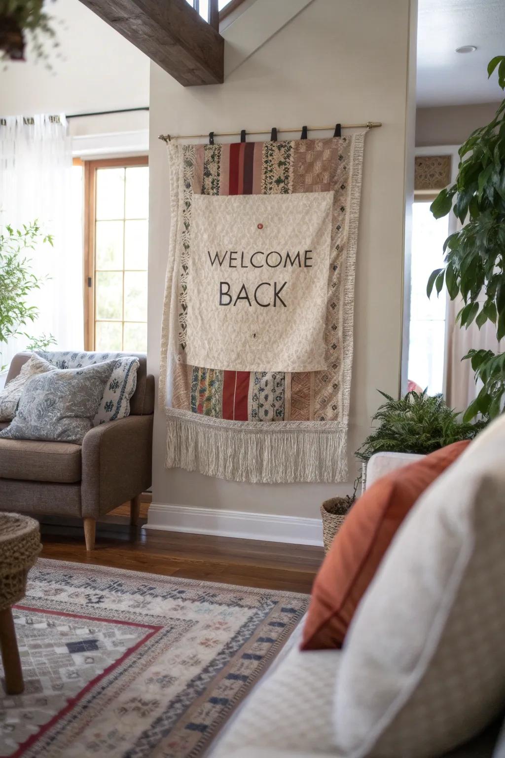 Textured fabric elements enhance a welcome back poster in a living space.