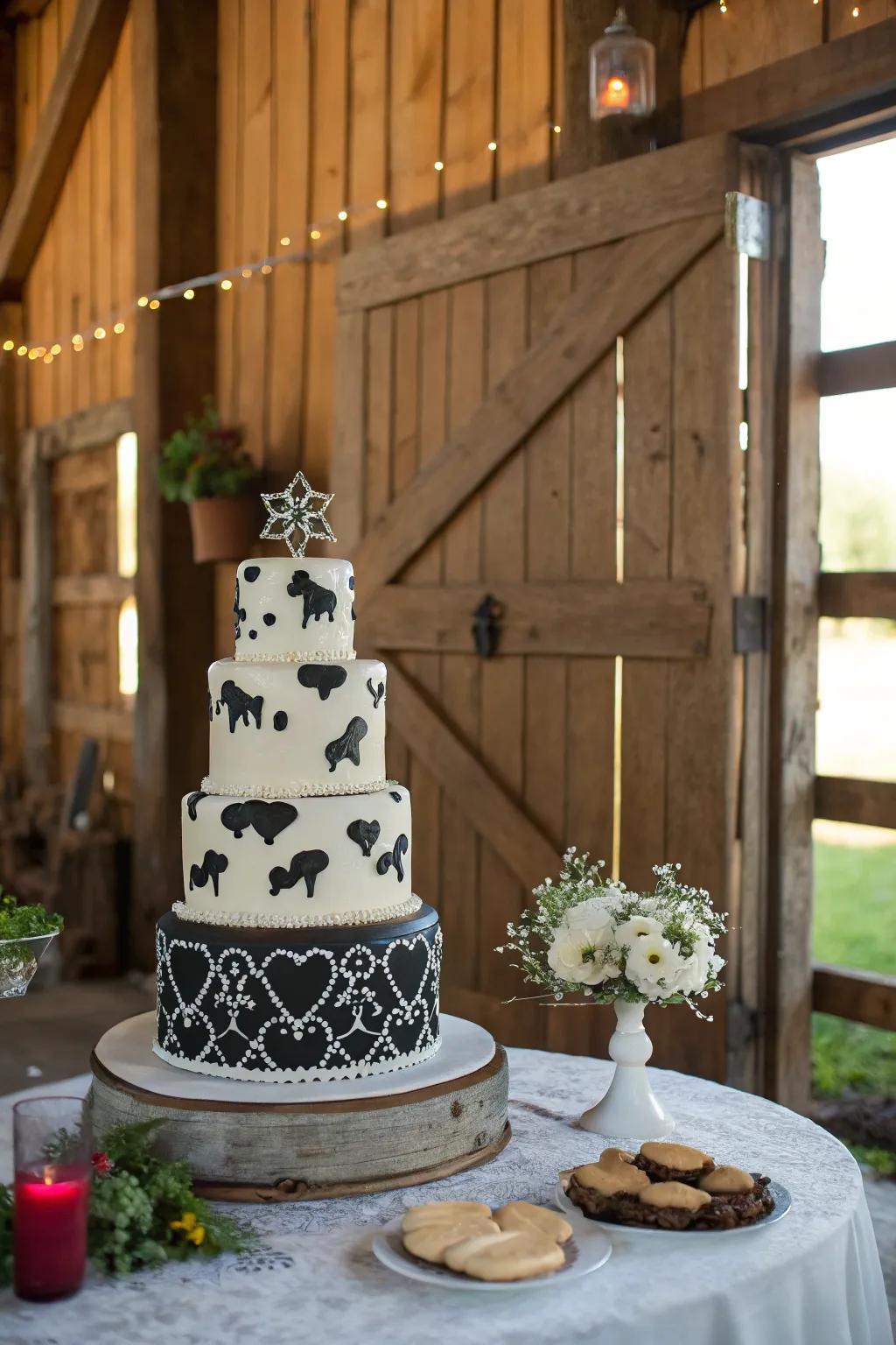 Cake sporting a spirited moo motif design.