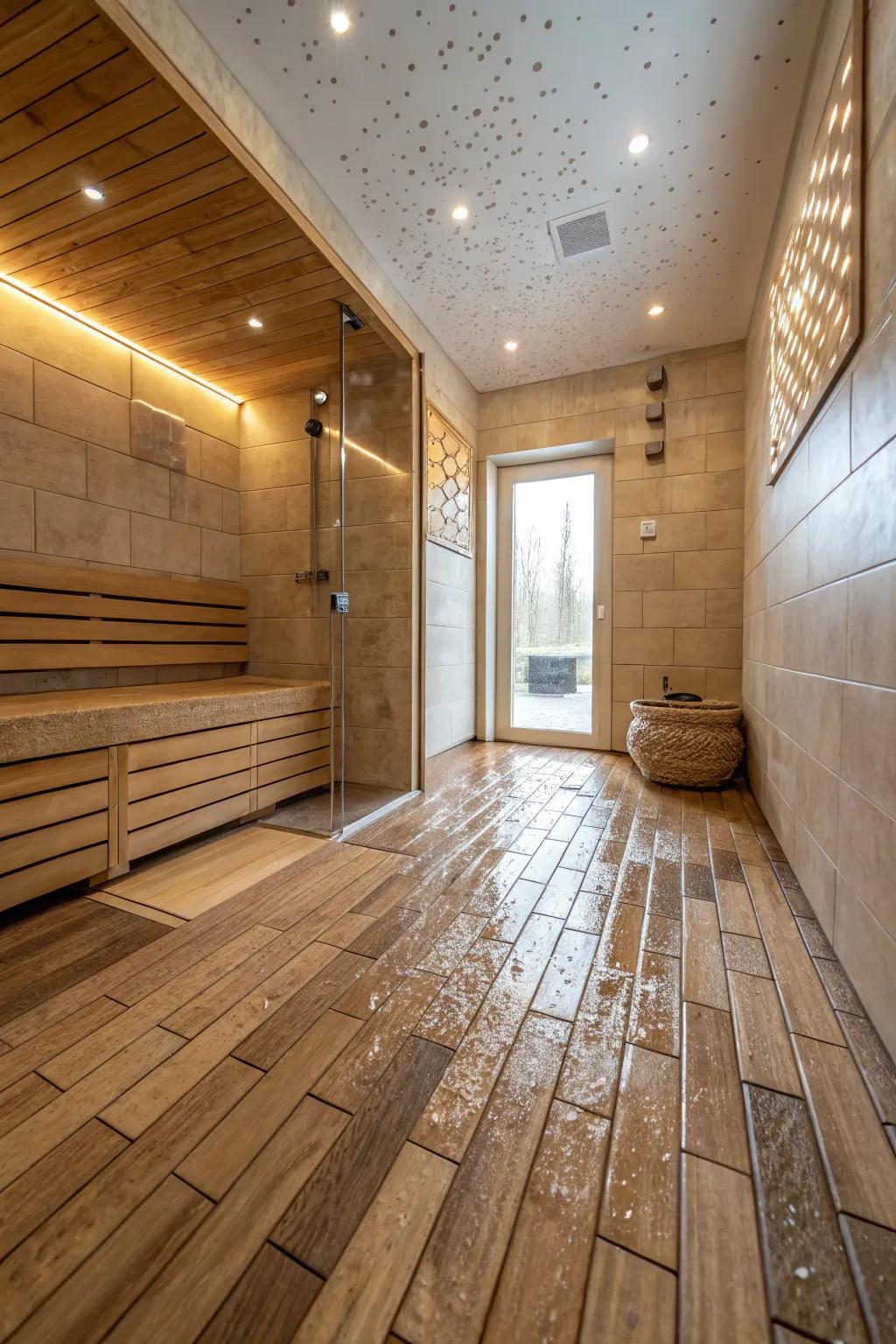 Timber-look tiles bestow warmth and elegance within wet rooms.