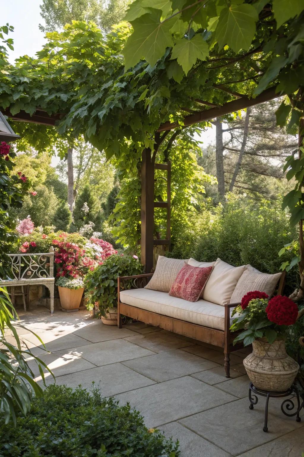 Comfortable lounging zones furnish ideal locations for unwinding in the garden.