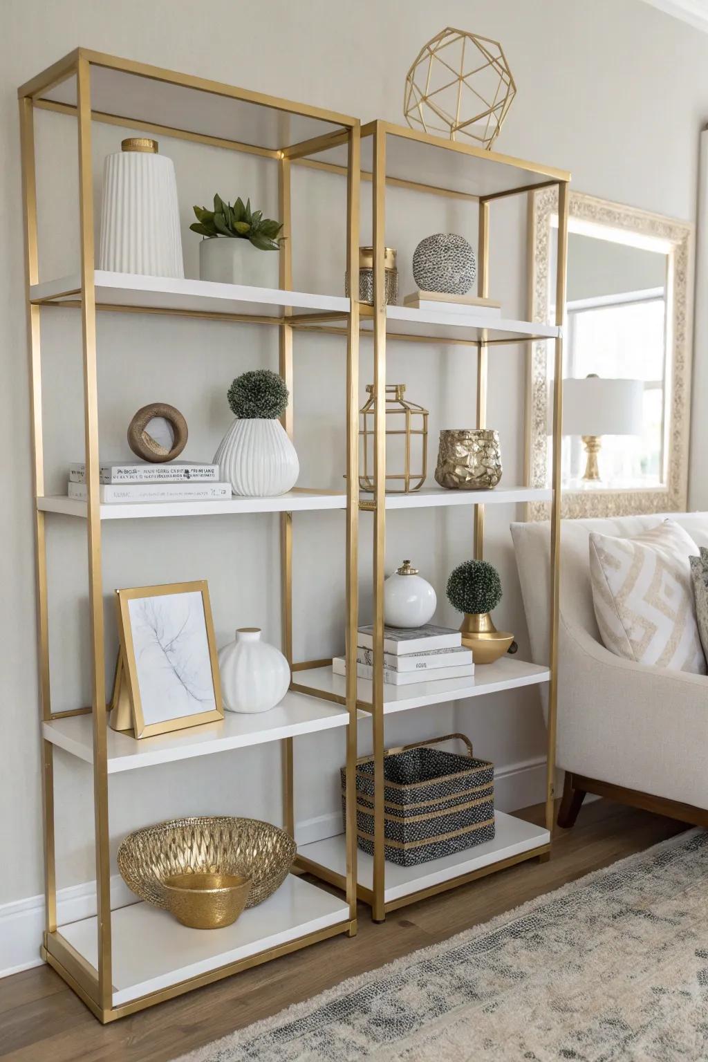 Simple shelving done in gilded and ivory keeps the space arranged and stylish.
