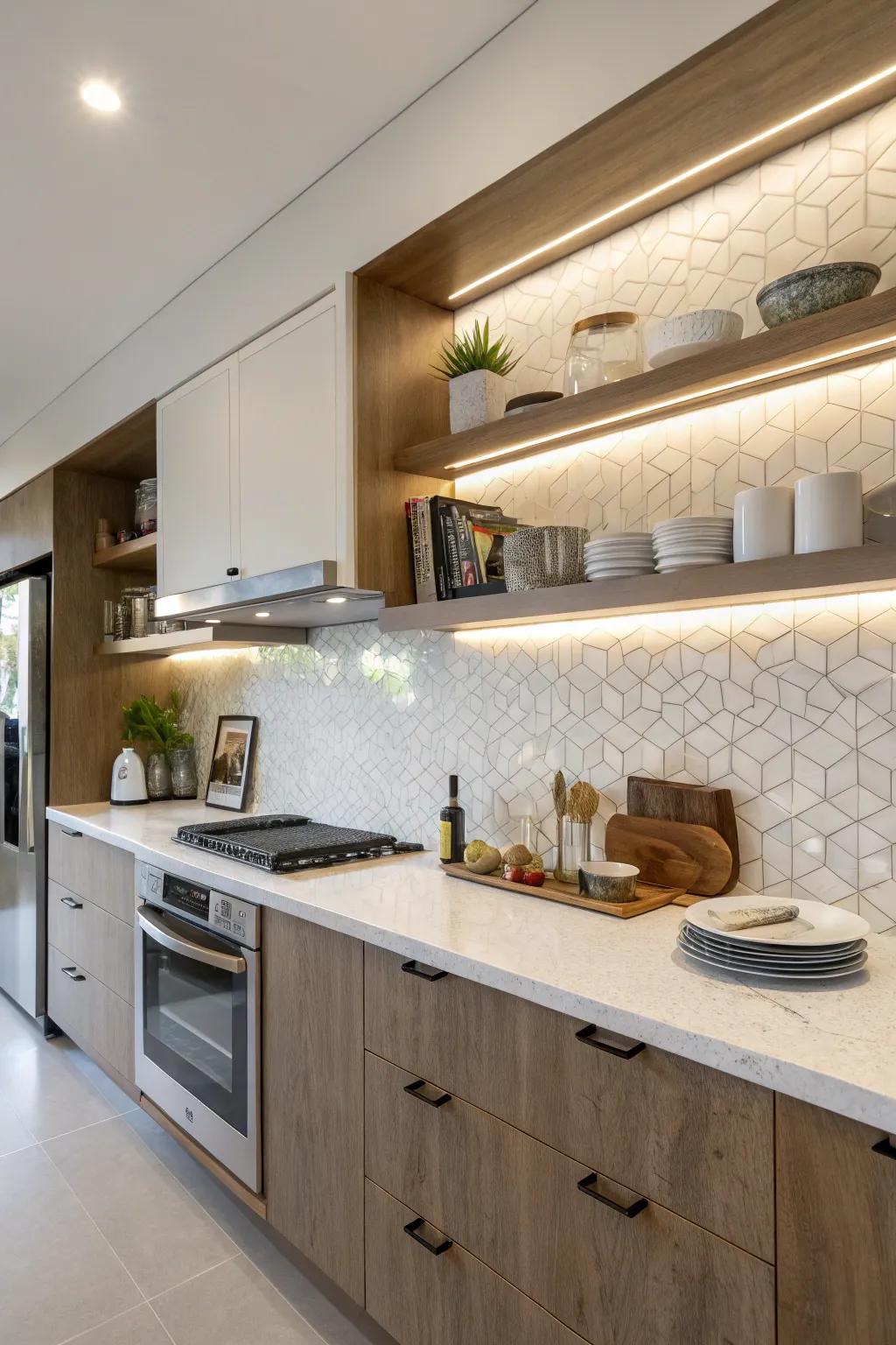 Stone composite backsplash featuring an integrated shelf for extra storage.