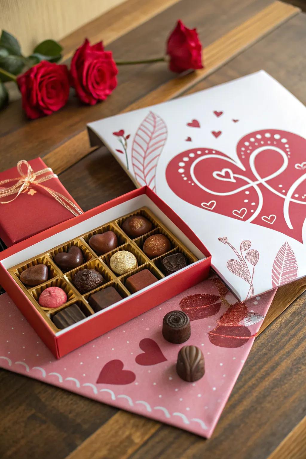 A charming Valentine's poster paired with chocolates for a thoughtful detail.