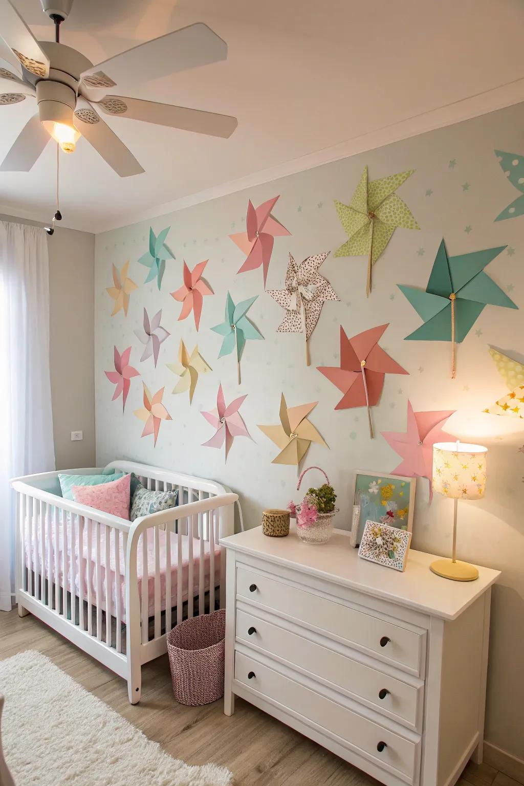 Colorful turbine decor adds a whimsical touch to the nursery.