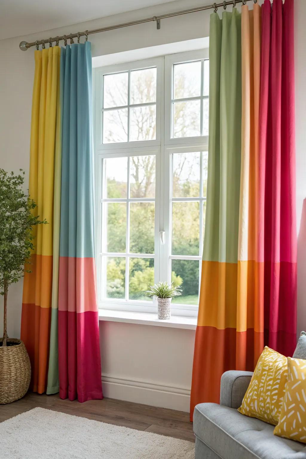 Curtains employing chromatic segmentation introduce a modern accent to this family space.