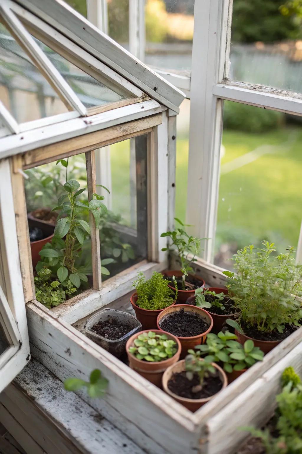 Miniature nurseries with window structures foster indoor plants.