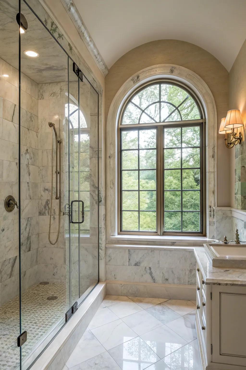 An arched window enriches the shower area with an elegant nuance.