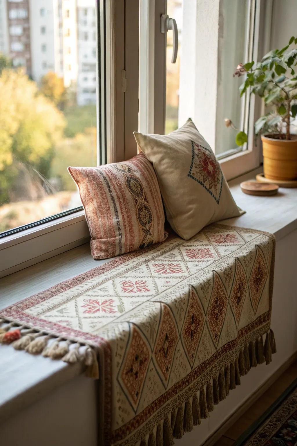 Fabrics add warmth and texture to this windowsill.