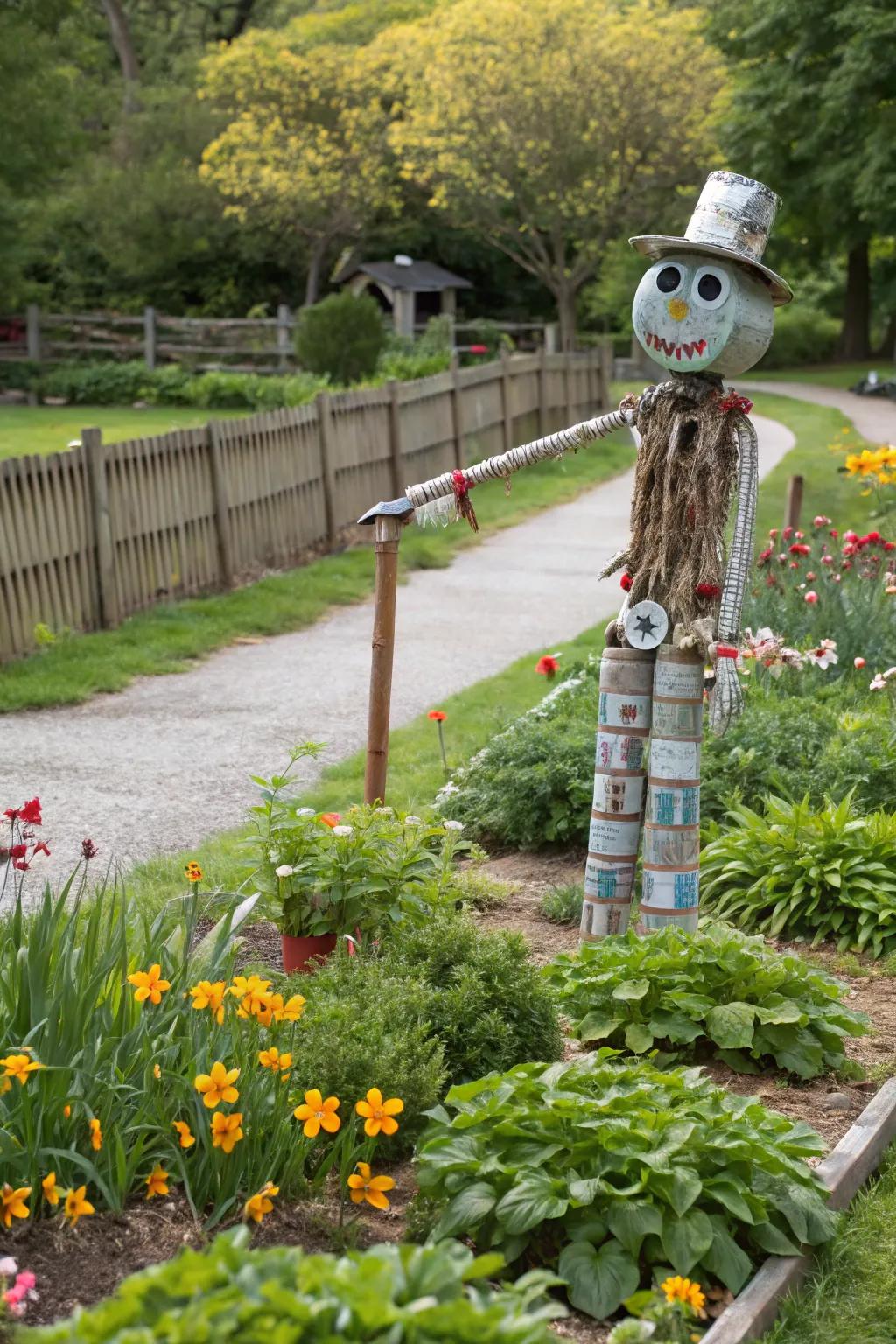 An eco-champion scarecrow promoting sustainability.