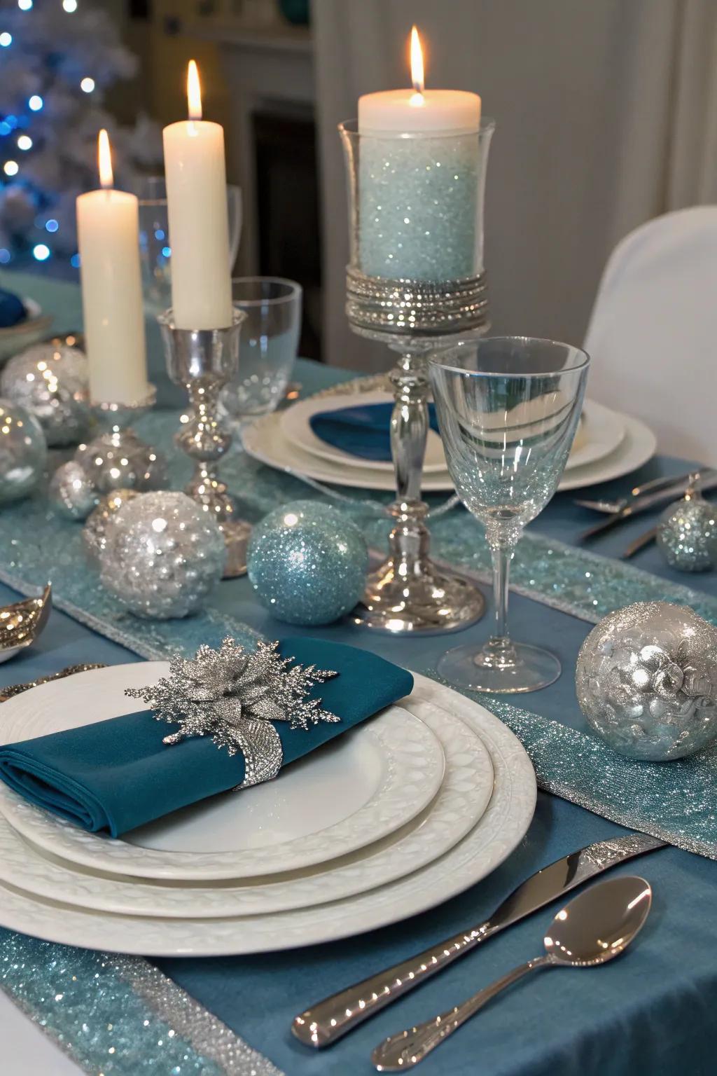 Gleaming table arrangements augment the winter wonderland motif.