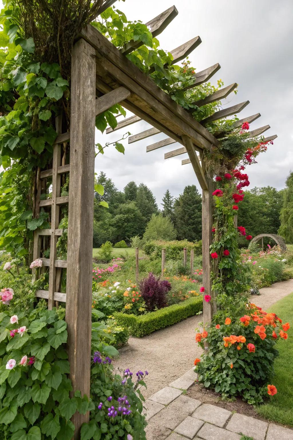 Permit your garden to ascend through graceful timber climbers.