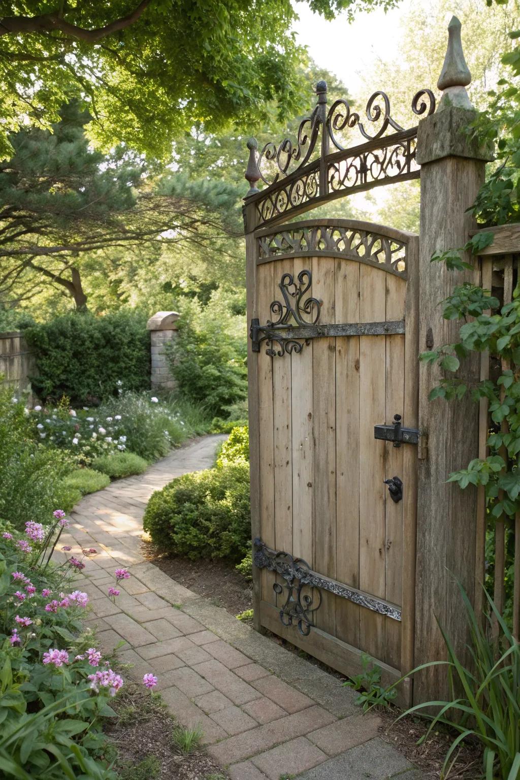 Metal accents elevate the elegance of wooden gates.