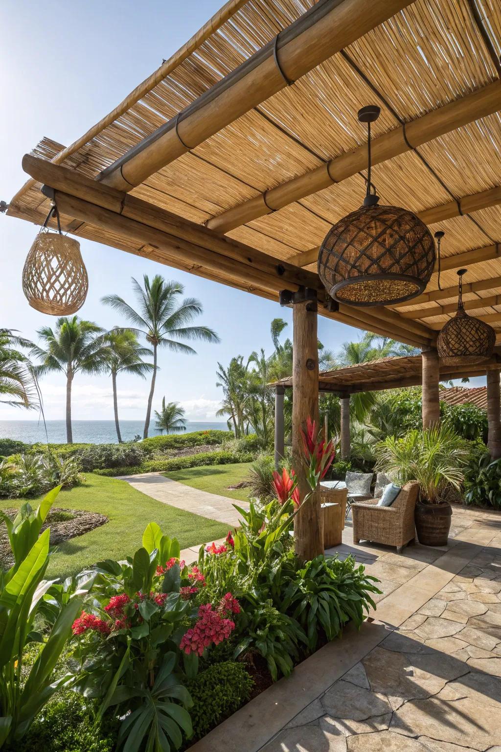 A tropical-inspired bamboo roof on a patio roof.