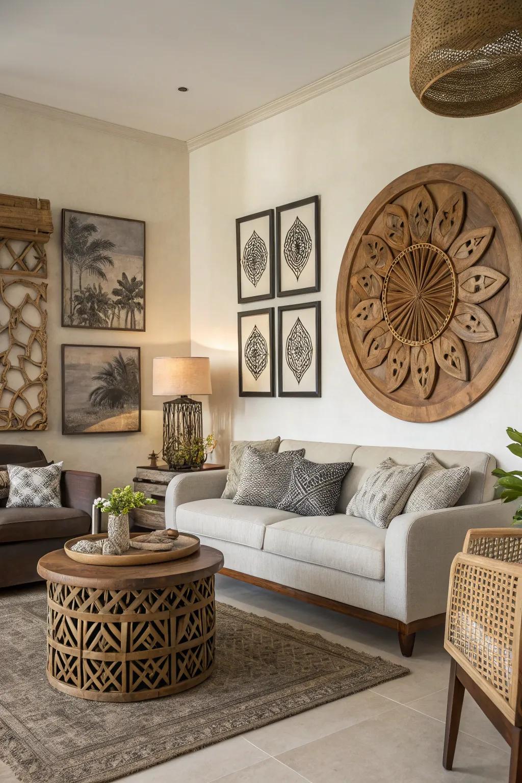 A living room showcasing wooden art pieces that add character and warmth.