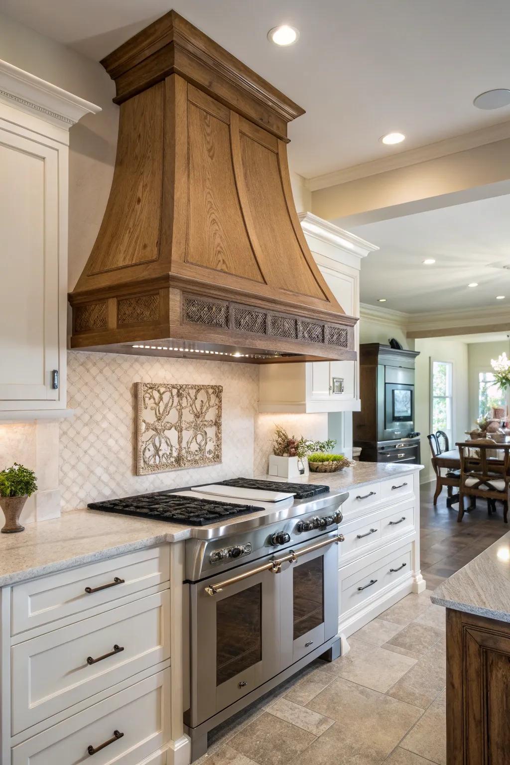 Functional elegance in timber chimney hoods enhances cooking area decor.