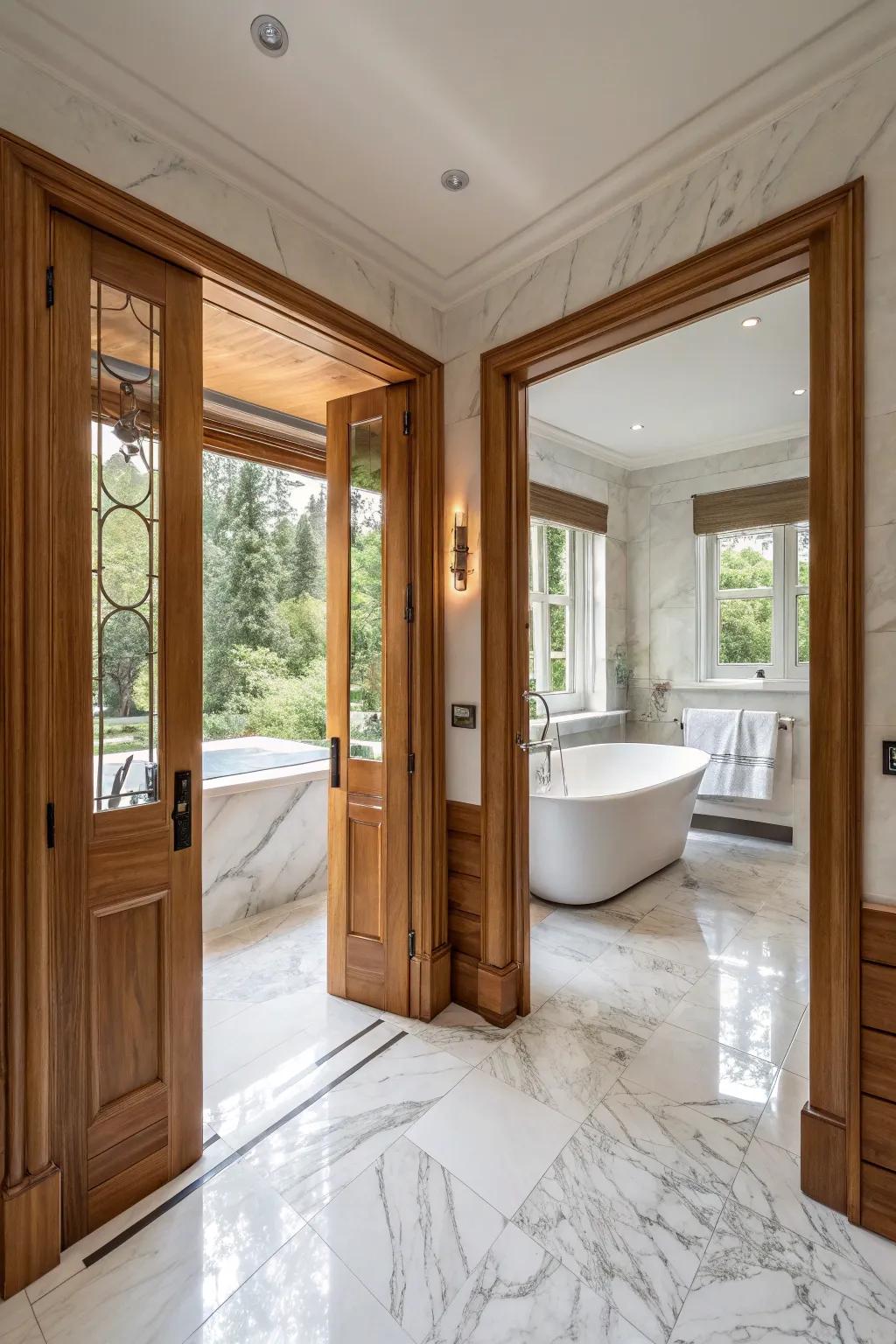Double-hinged doors add a hint of sophistication to spacious bathrooms.