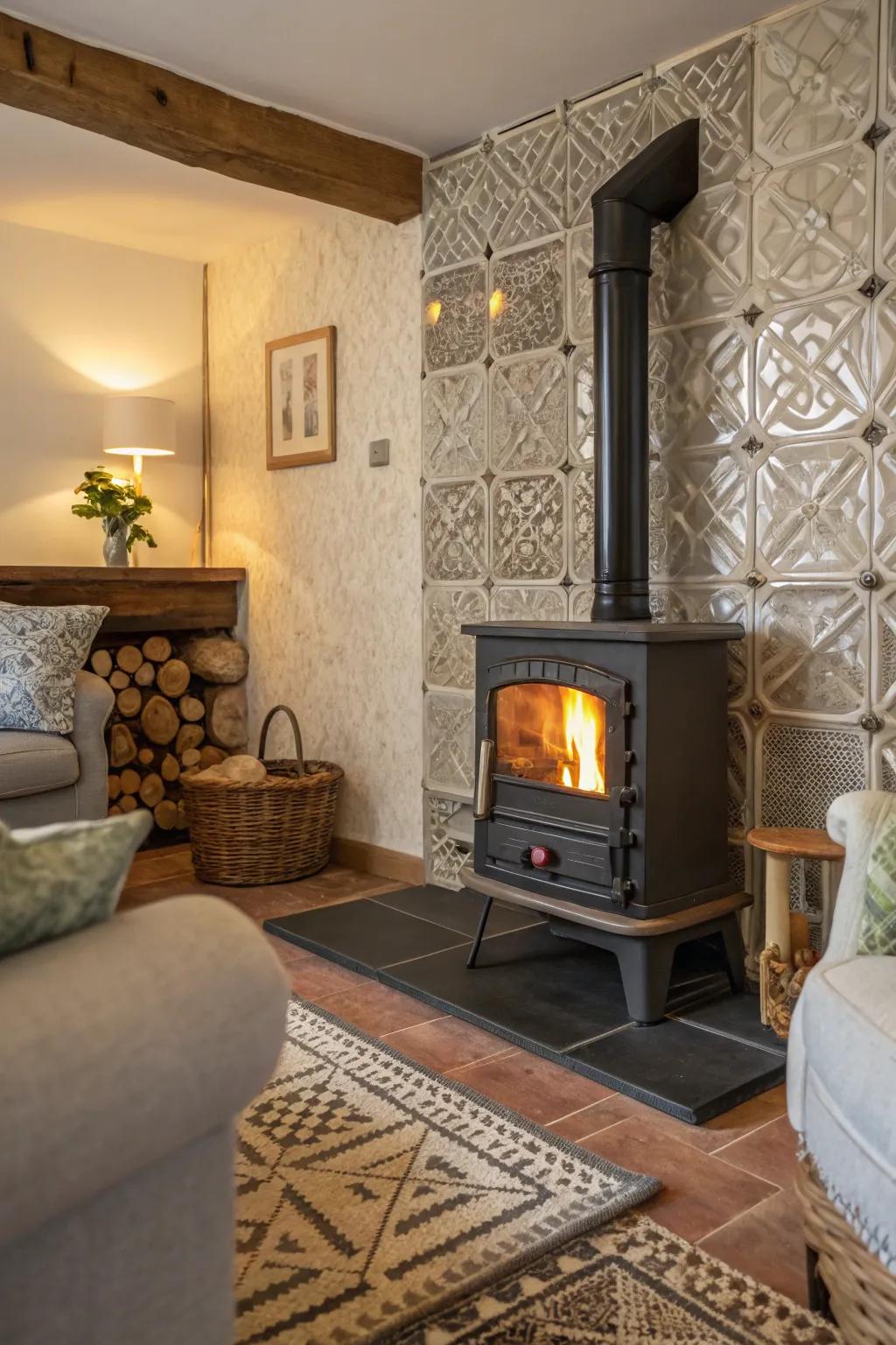 Tiles with texture bring depth and captivation to your wood stove's background.