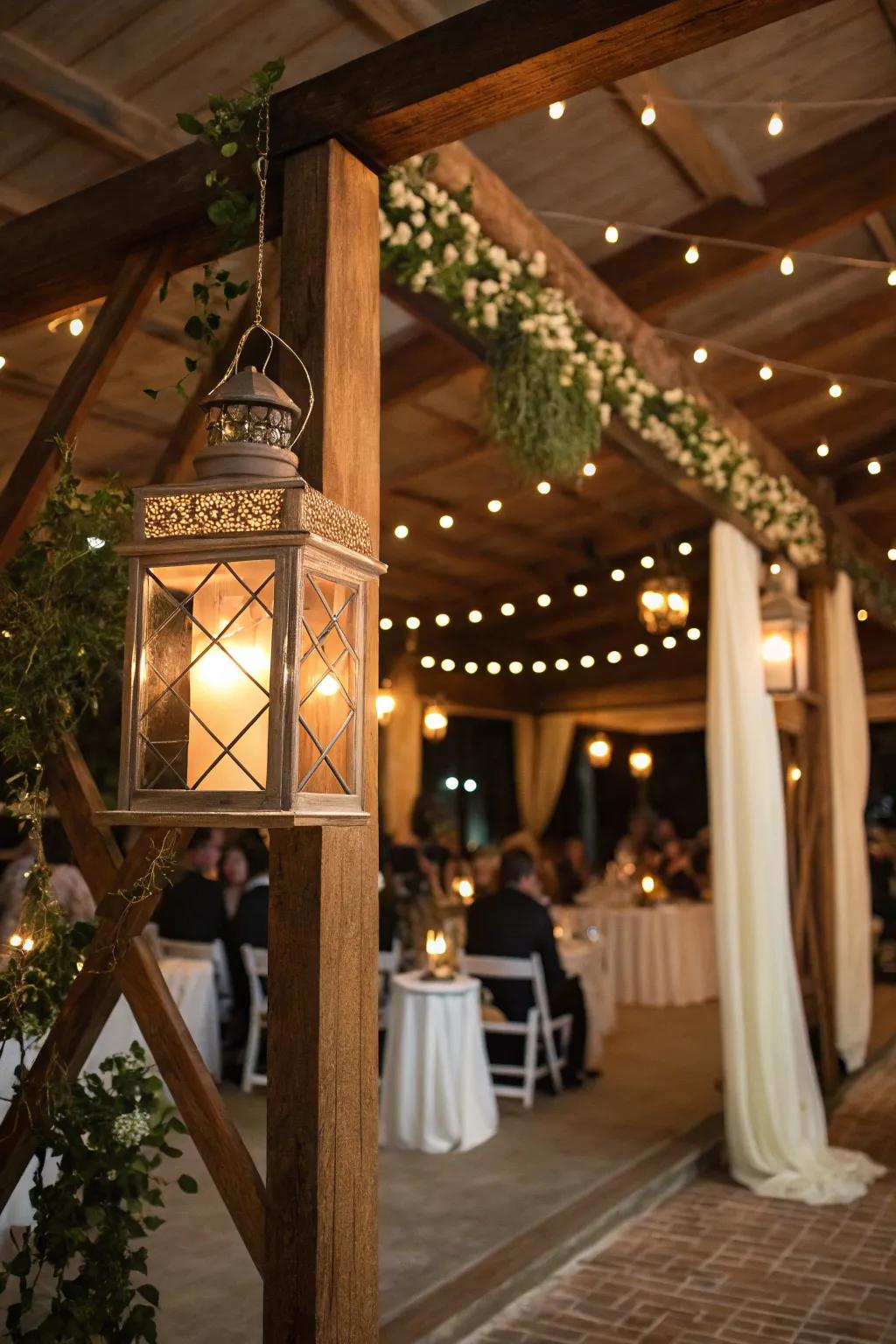 Suspended lanterns conjure an inviting and enchanting ambiance.