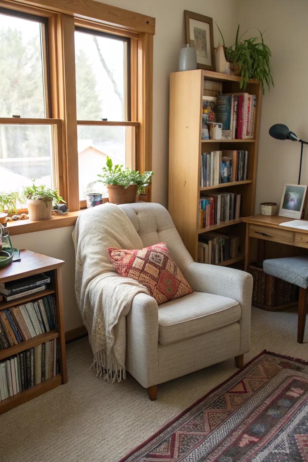 A dedicated reading nook offers a perfect escape for relaxation.