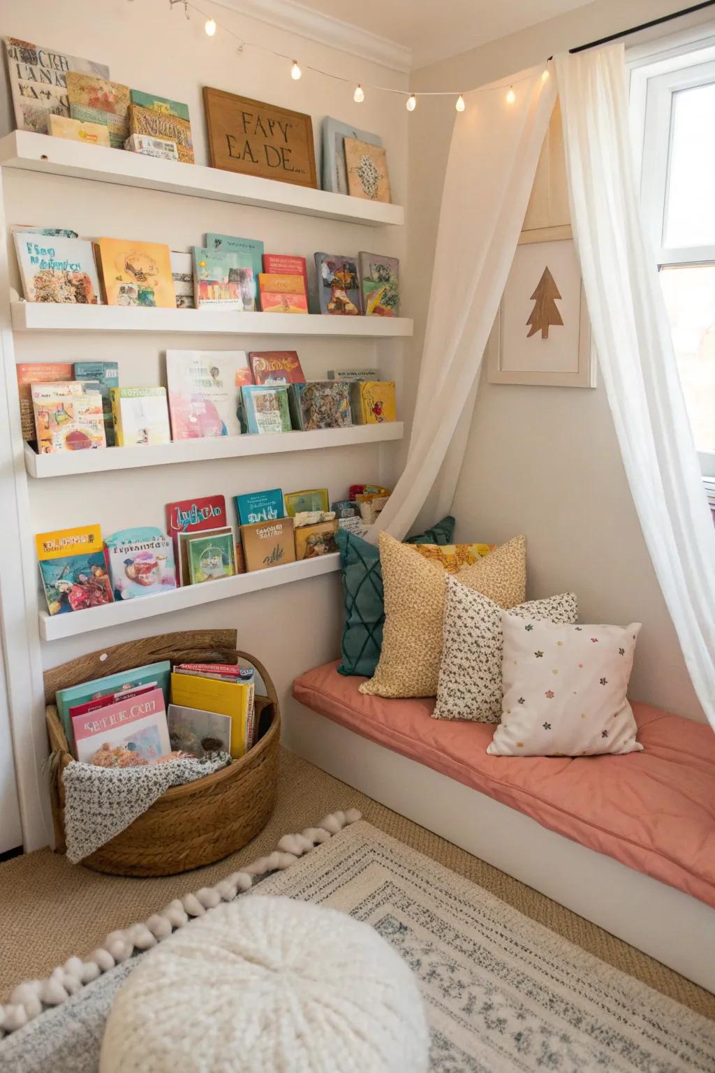 A reading corner fosters a love for books and peaceful exploration.