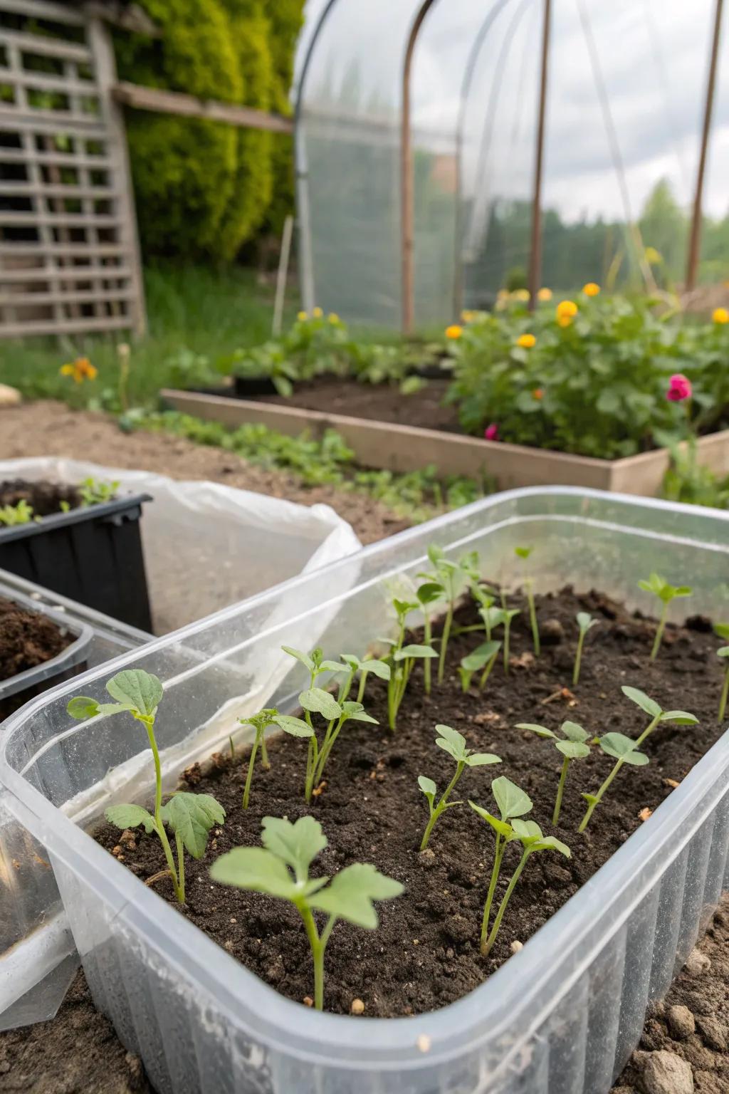 A polymer bin seedling dome nurturing young seeds.