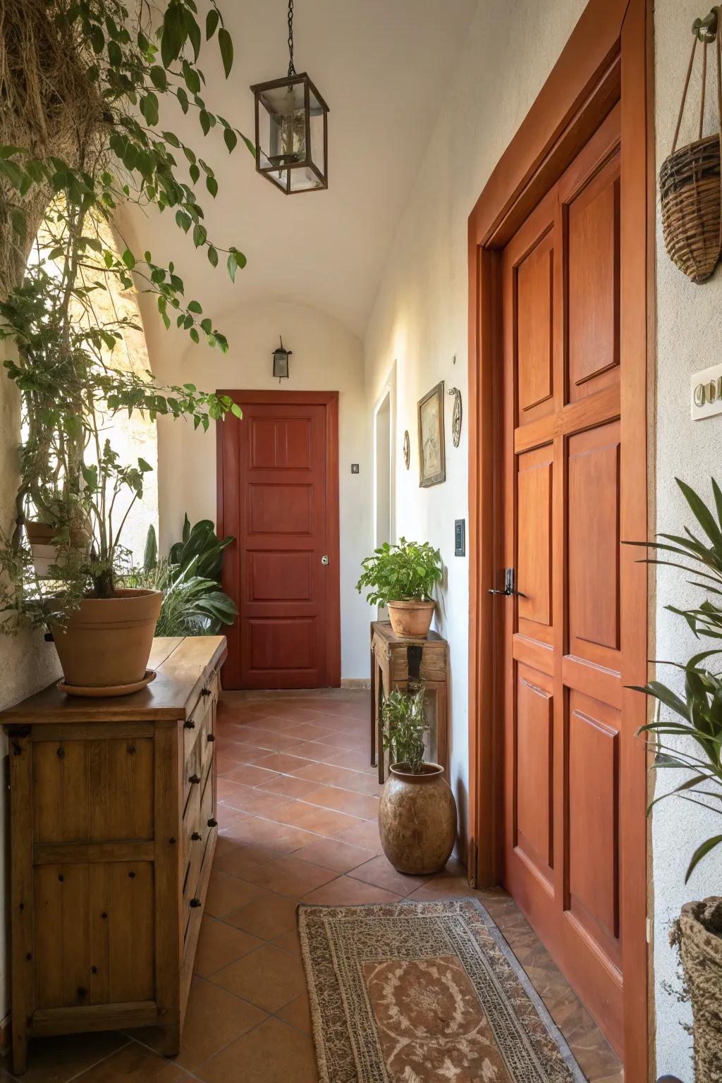 A terracotta 6-panel door adds an earthy touch to any hallway.