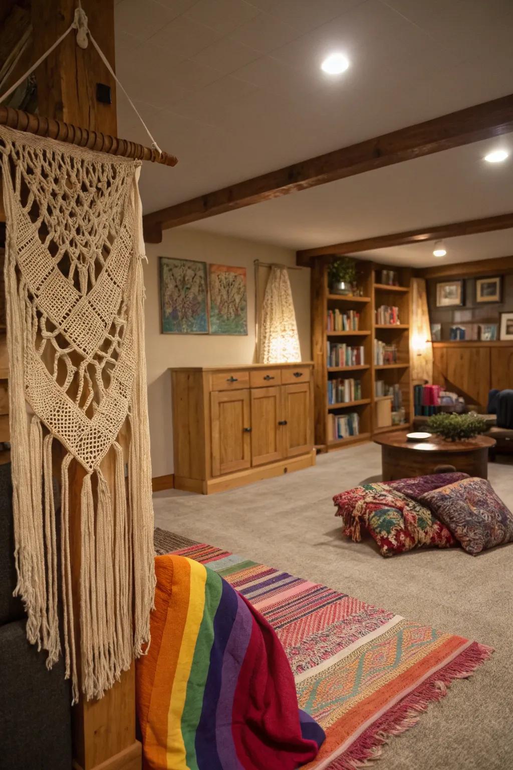 Fiber art and fabric designs provide a bohemian flair.