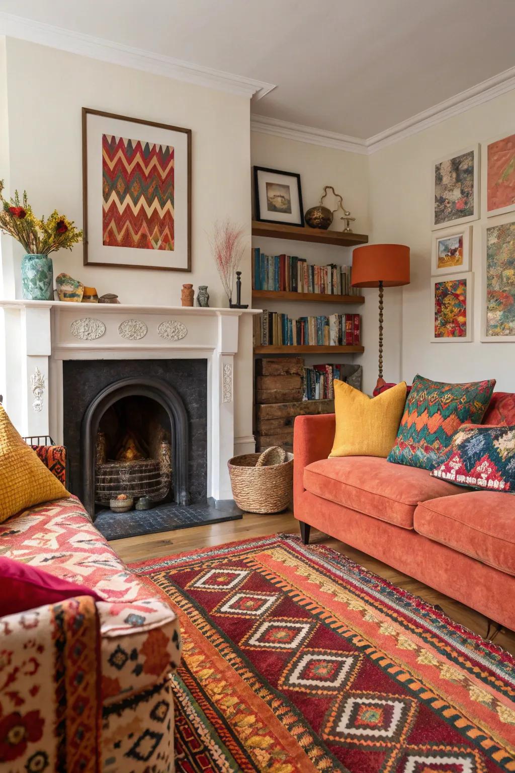 Vivid pigments forge a striking and energetic focal element above the fireplace.