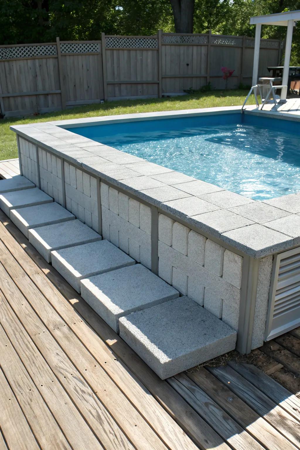 Transform your poolside with budget-friendly cement brick designs for a refined and contemporary look.