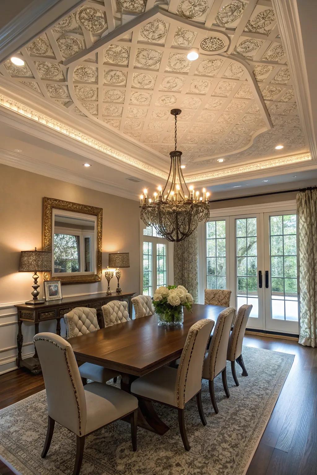 A converging ceiling beautifully combines classic and modern styles.