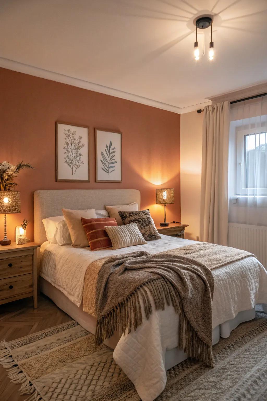 Warm colors on the chosen wall make the room feel inviting and comfortable.