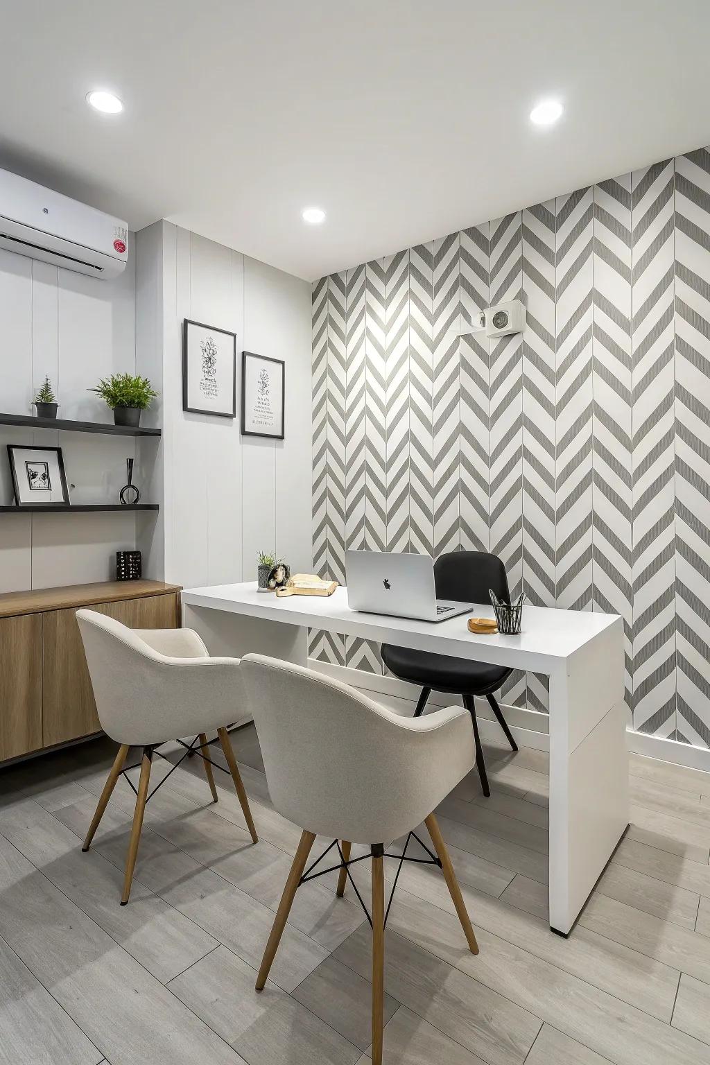 A sleek office space featuring a monochrome accent wall.