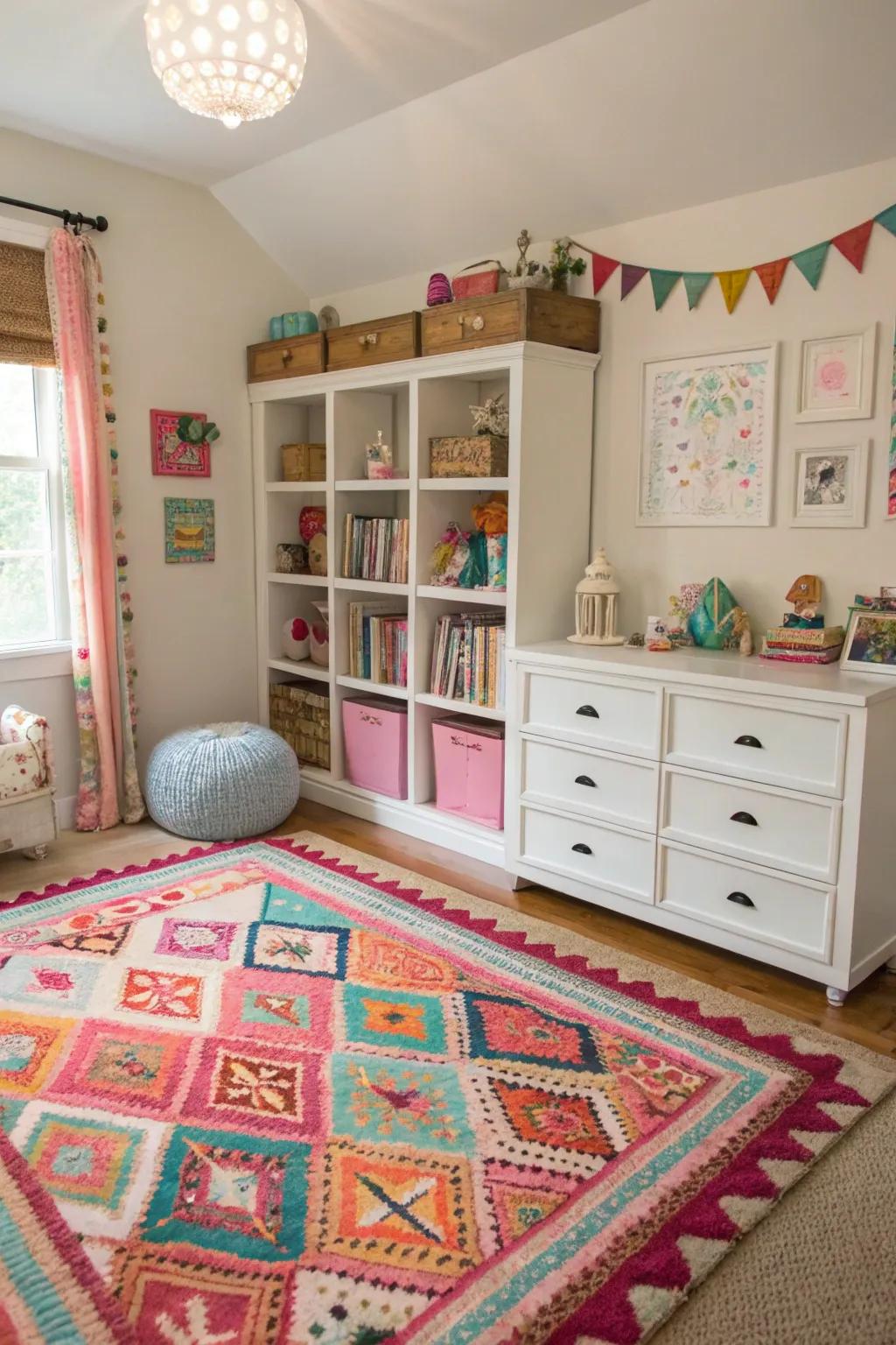 A statement rug anchors the room, radiating style.
