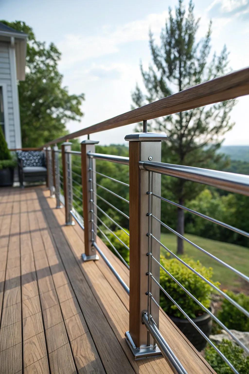 A fusion of earthy and modern elements with aluminum railings.