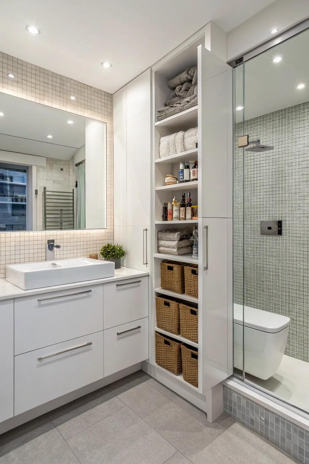 Smart storage options keep your bathroom tidy.