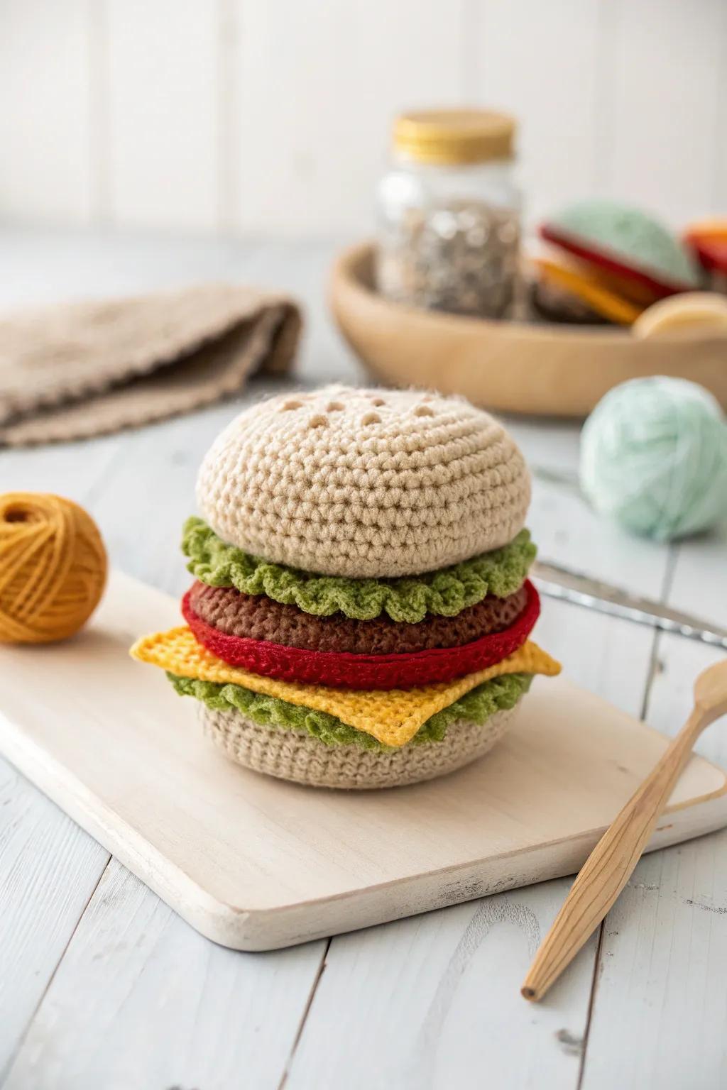 Craft your own calorie-free fun with this adorable amigurumi hamburger!