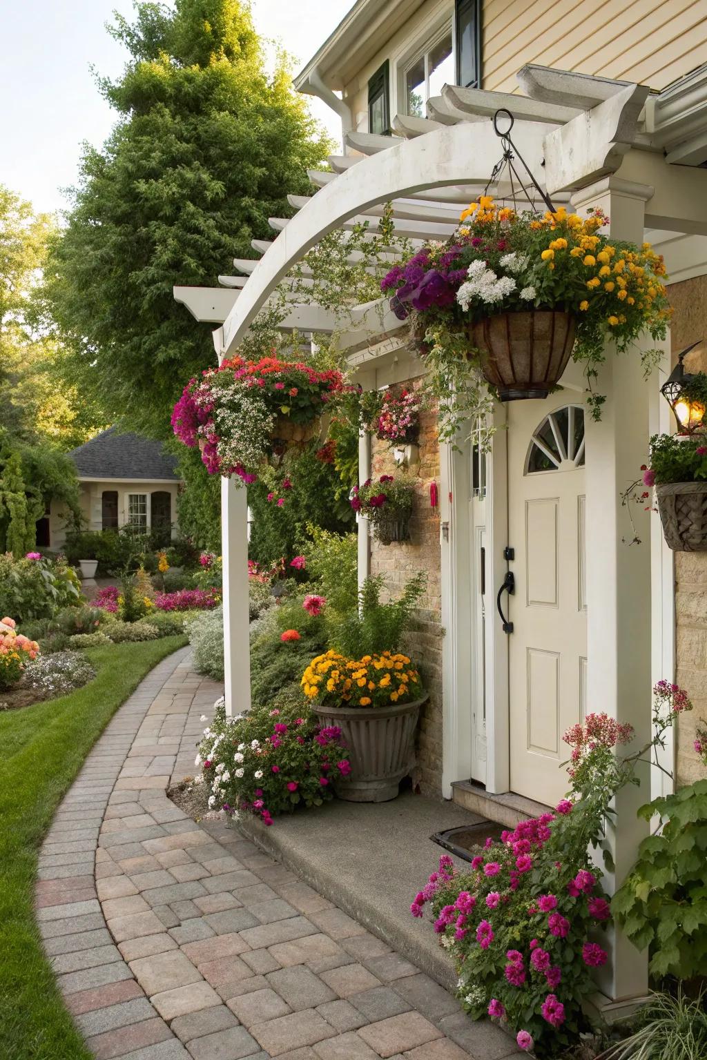 Hanging planters on an arbor for a dynamic and living gateway.