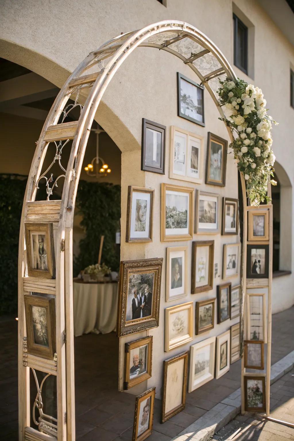 A creative arch embellished with vintage picture casings for a nostalgic impression.