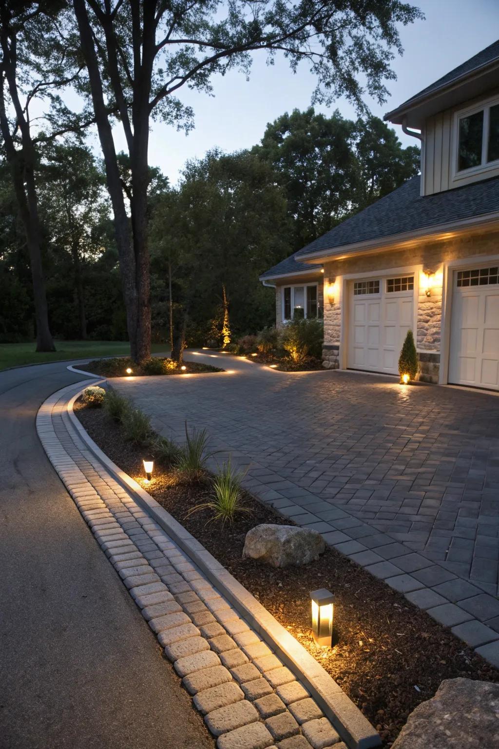 Built-in lighting within the paver borders showers this driveway with a warm, greeting shine.