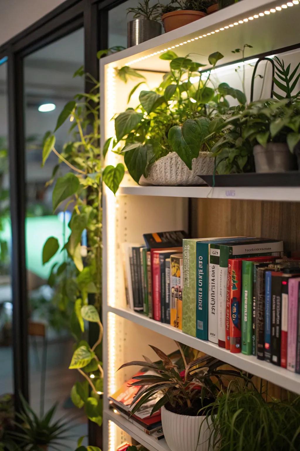 A bookshelf garden, showcasing integrated grow lights, blending books and flora.