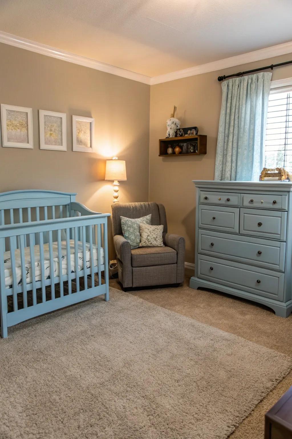 Pale sky furniture adds a subtle burst of color to a serene bedroom.