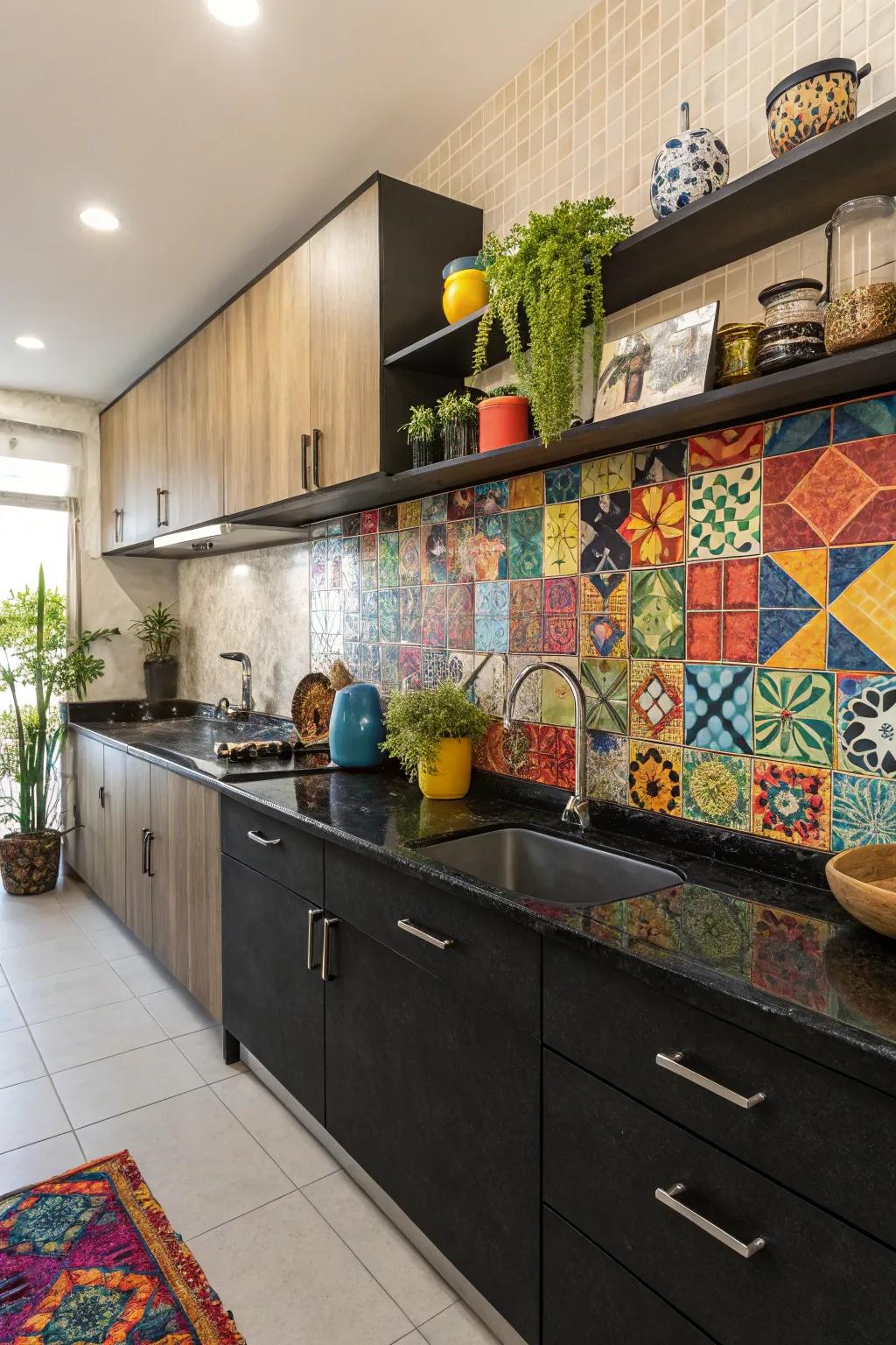 Tiny squares add a creative and vibrant touch to kitchens.