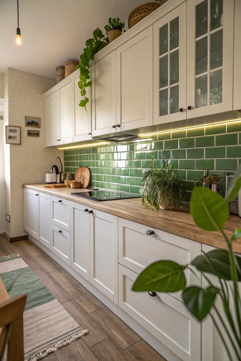 Forest backsplash enhances a refreshing natural accent