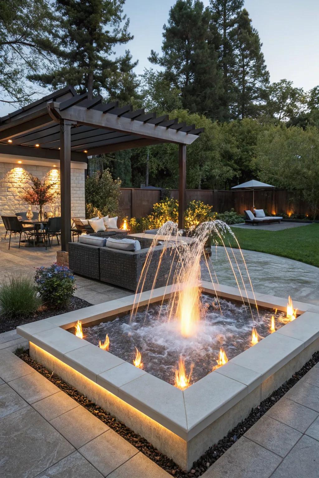 Witness the captivating contrast of fire and water within your garden design.